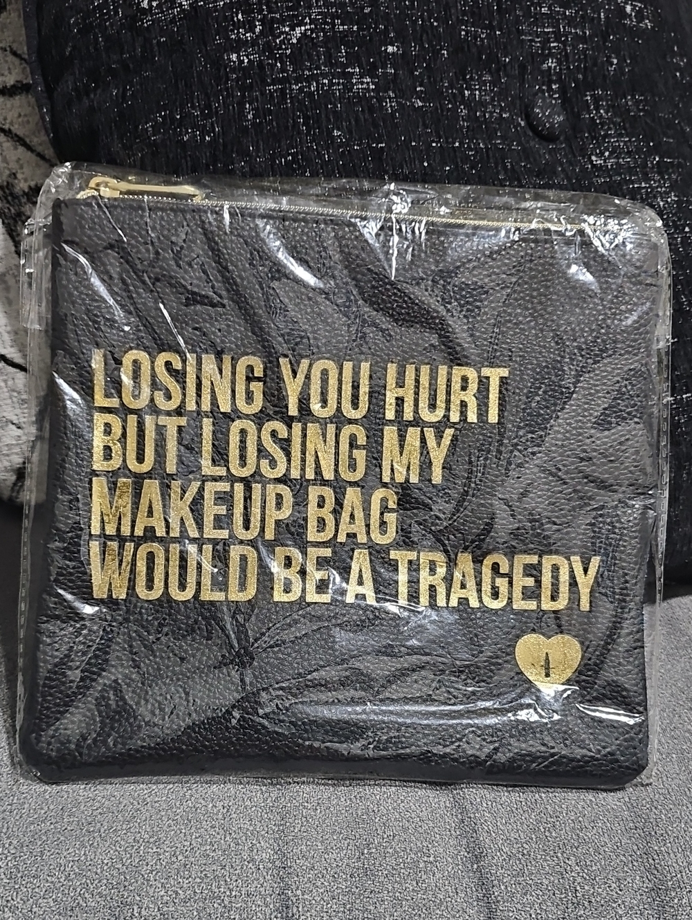 NWT Breakups To Makeup Cosmetic Clutch Bag Black Gold Zip